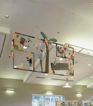 Hanging artwork in the adult area of the library